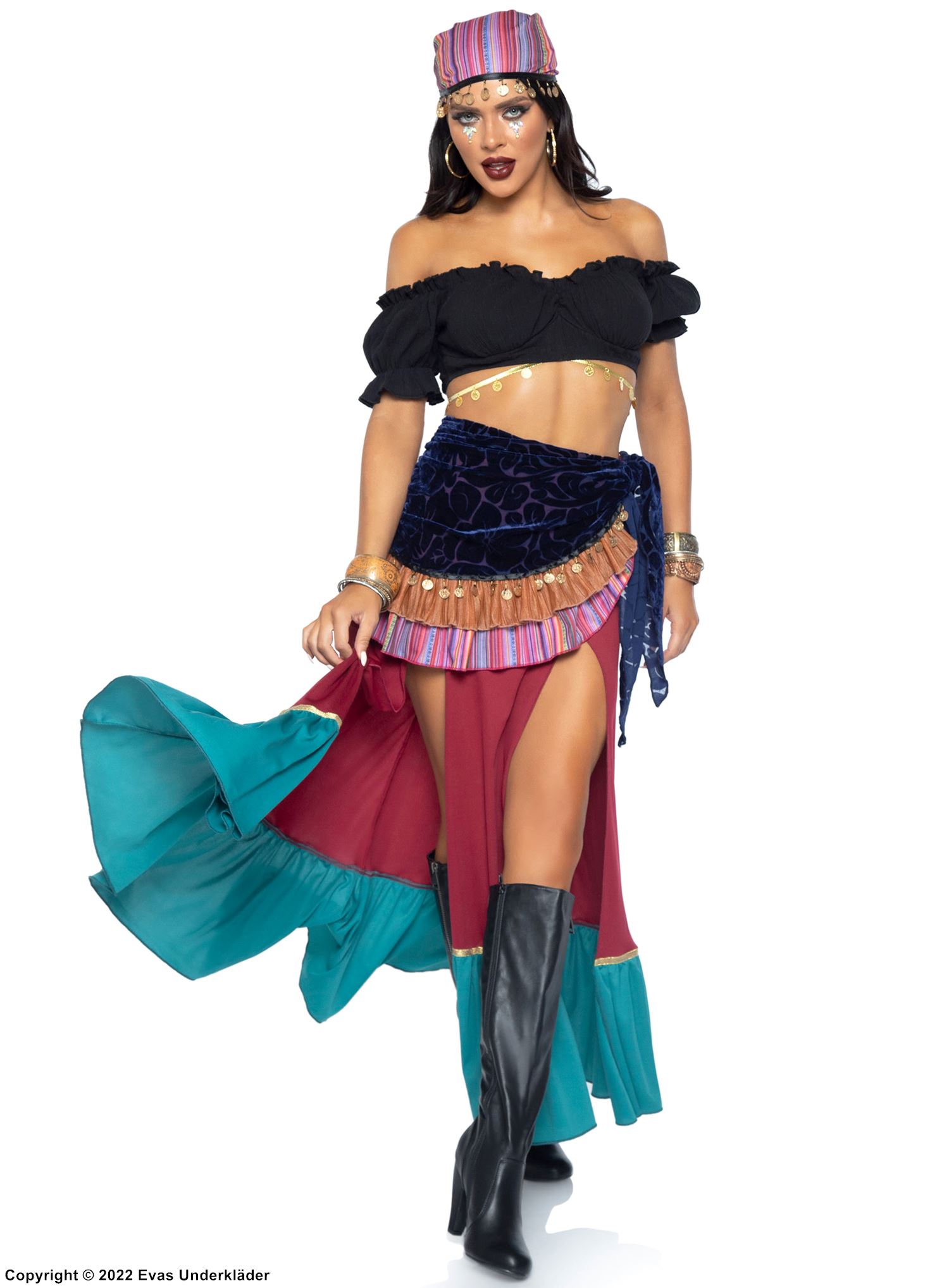 Zigenar-prinsessa, maskeraddräkt med topp och kjol, volangkant, öppna axlar och hög slits